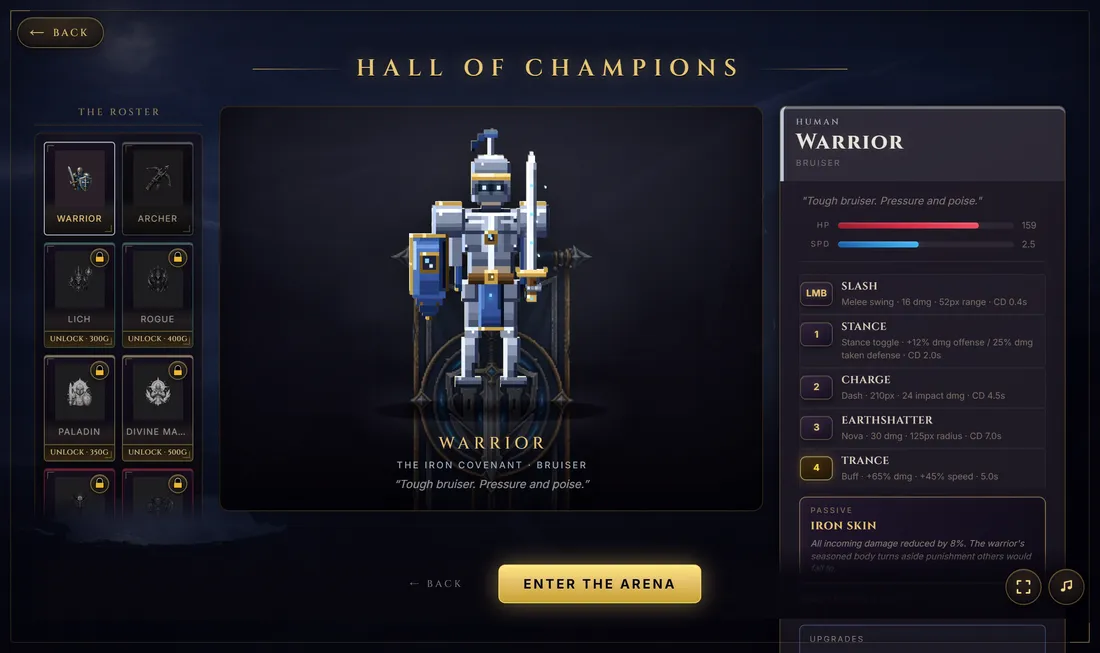 The Hall of Champions — the champion select screen, showing the roster colonnade, the chosen champion on a dais, and their full ability list.