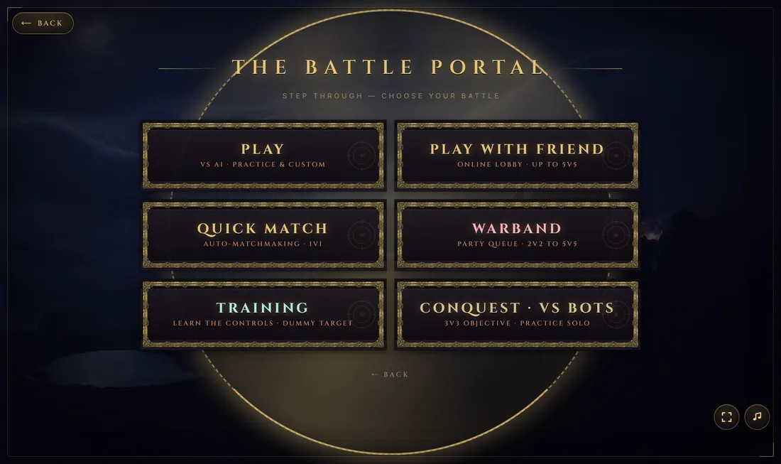 The Battle Portal — the mode select screen, framed by a glowing rune ring, listing every game mode.