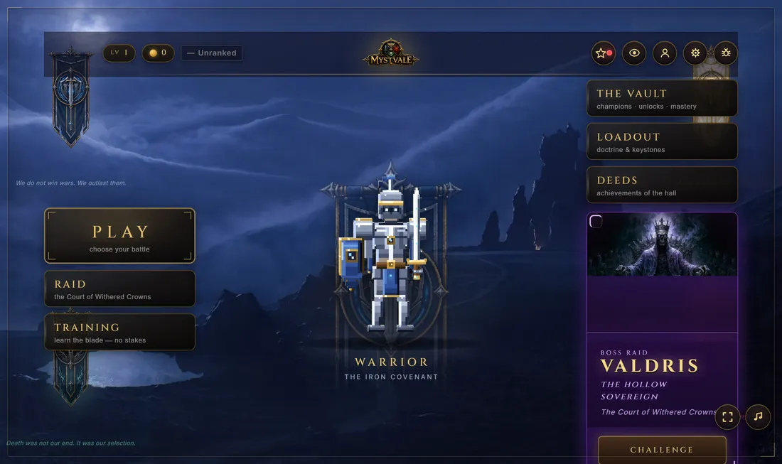 The Runic War Hall — the game's home screen, with the player's champion standing on a lit dais between faction banners.