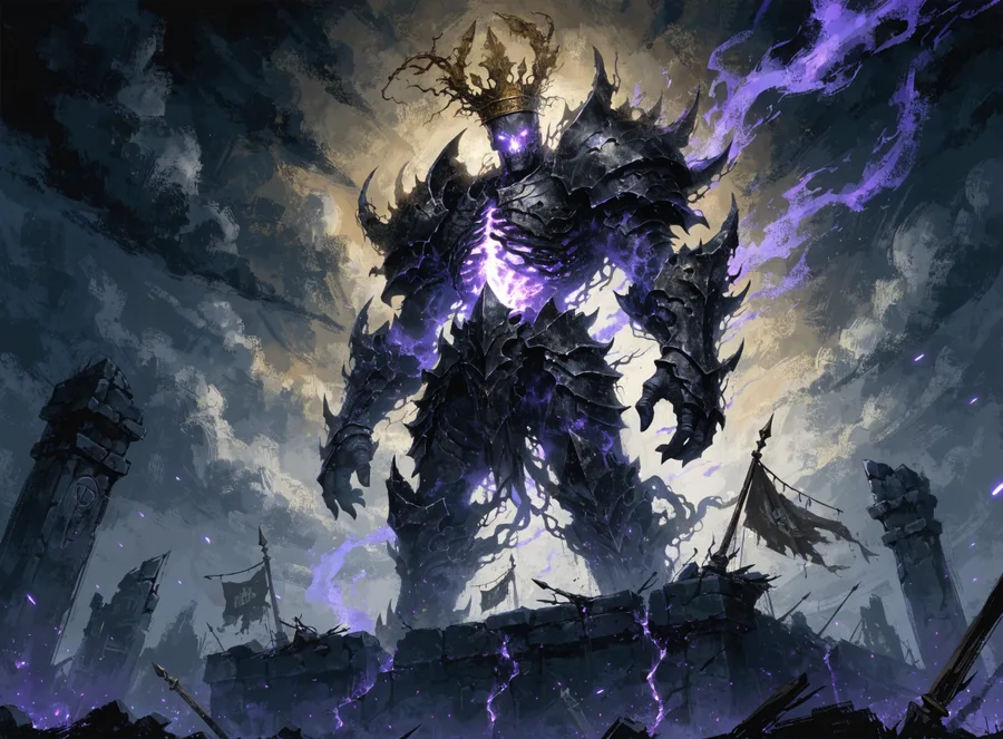 A colossal crowned undead war-tyrant wreathed in violet soul-fire, rising over a ruined rift arena.