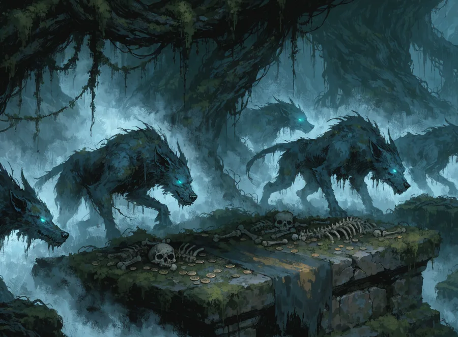 A pack of spectral wraith-hounds guarding a bone-strewn shrine in a fog-filled hollow.