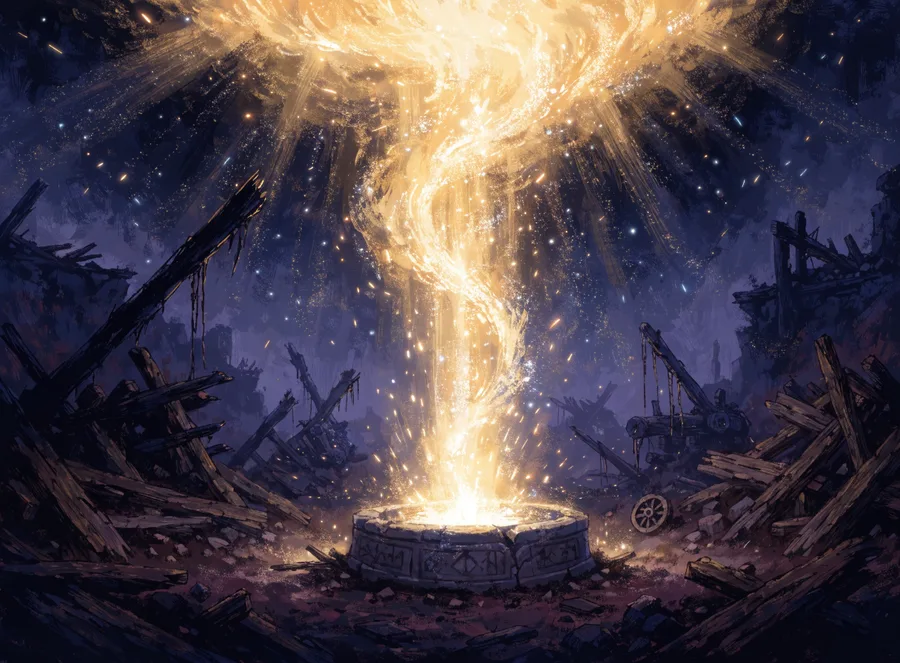 A font of golden light erupting from a rune-carved stone basin amid the wreckage of a battlefield.