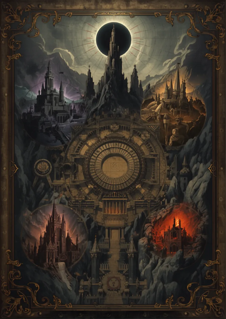 A painted map of Mystvale's four fortress-realms ringing the central Arena beneath the eclipse.