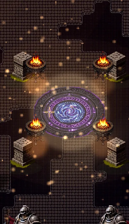 The Ruined Courtyard as it renders in game — a stone arena of broken pillars and braziers around a central rune circle