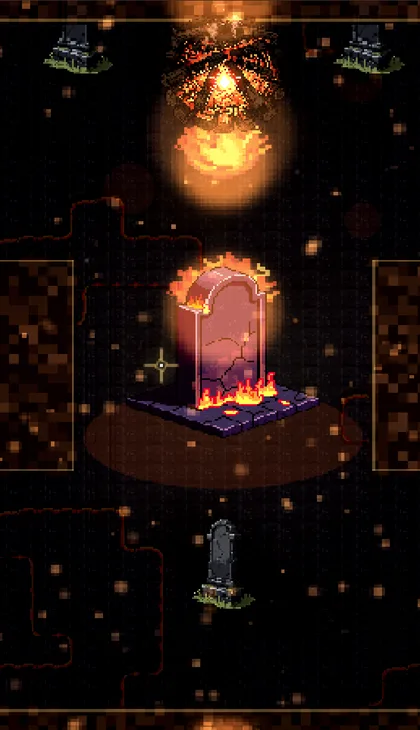 Embergrave as it renders in game — a burning funeral pyre and headstones over pulsing buried cinders