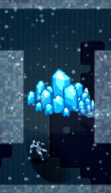 The Frozen Arena as it renders in game — cracked ice sheets and a cluster of glowing blue crystals
