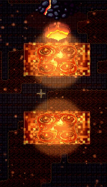 The Infernal Pit as it renders in game — molten lava pools burning through a black obsidian floor