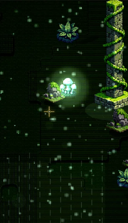 The Verdant Spire as it renders in game — moss-lit ruins and glowing growth in the wind-swept green