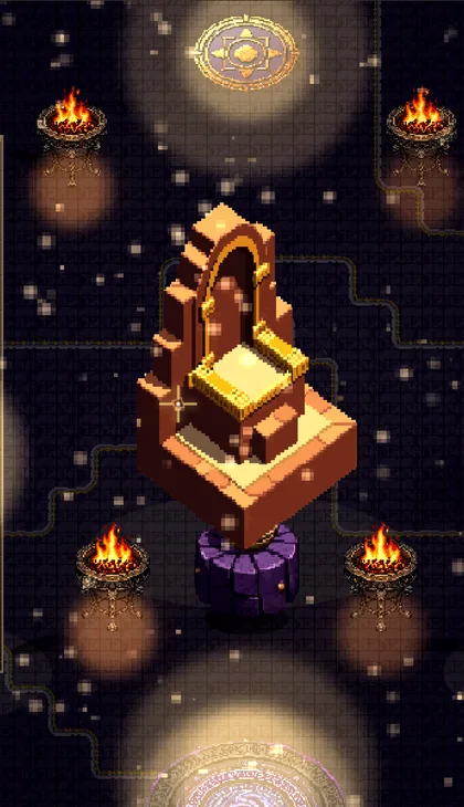 The Sacred Temple as it renders in game — a gilded altar under braziers, ringed by pillared corridors