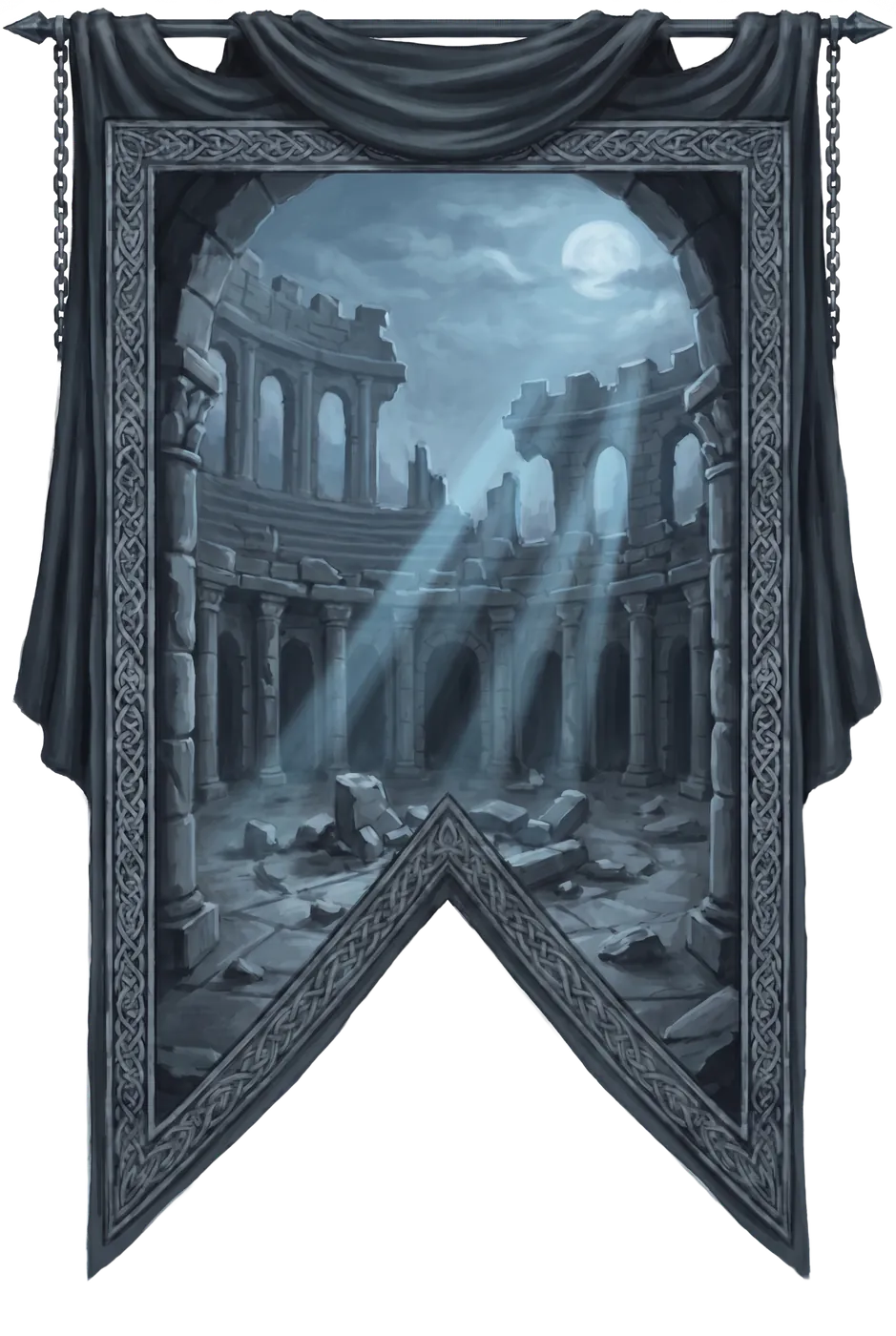 The Ruined Courtyard arena — moonlit broken pillars