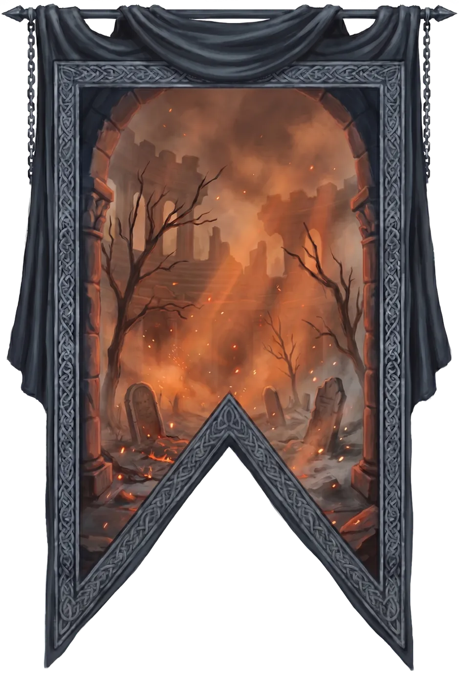 Embergrave arena — scorched graveyard glowing with cinders