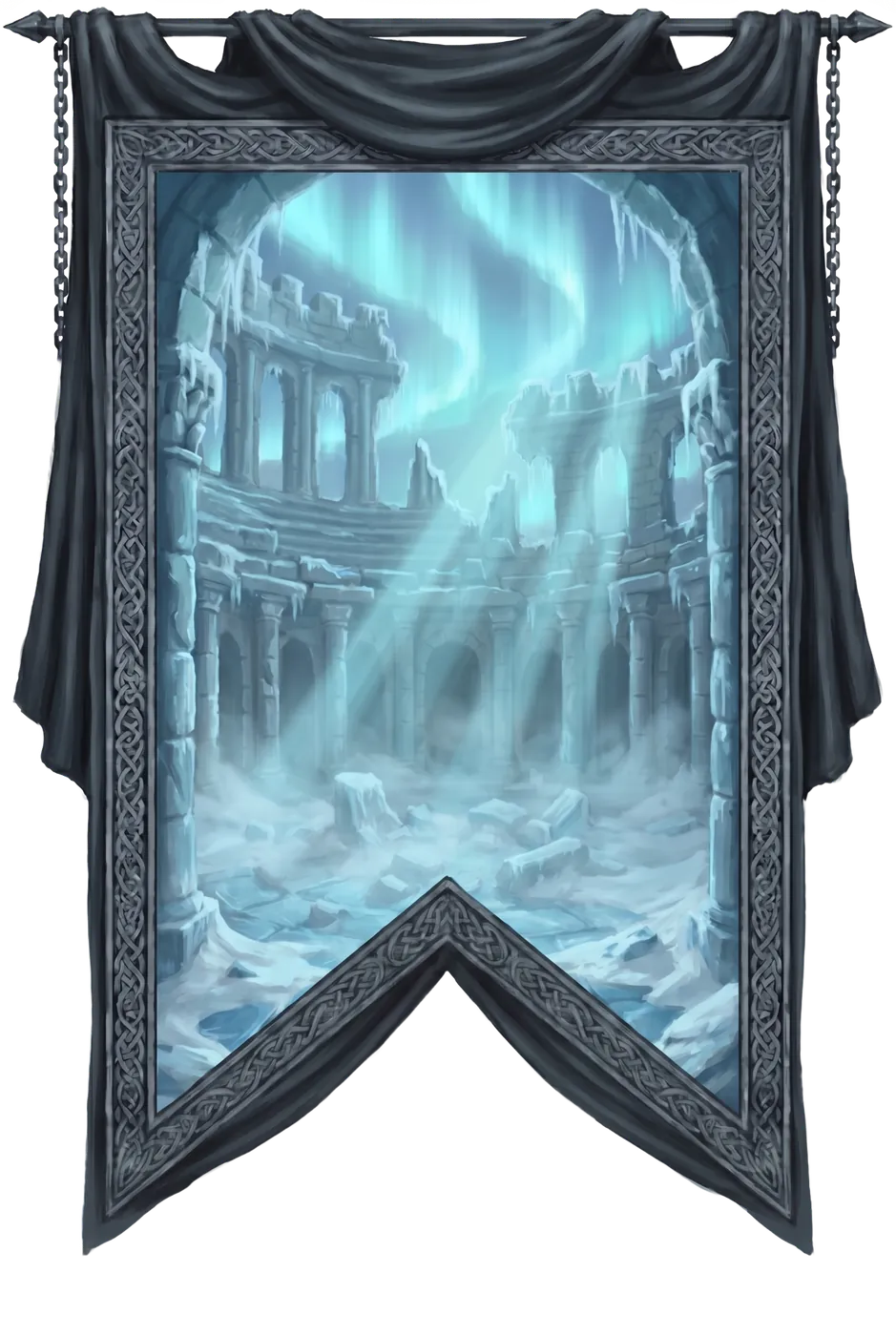 The Frozen Arena — cracked blue ice and aurora glow